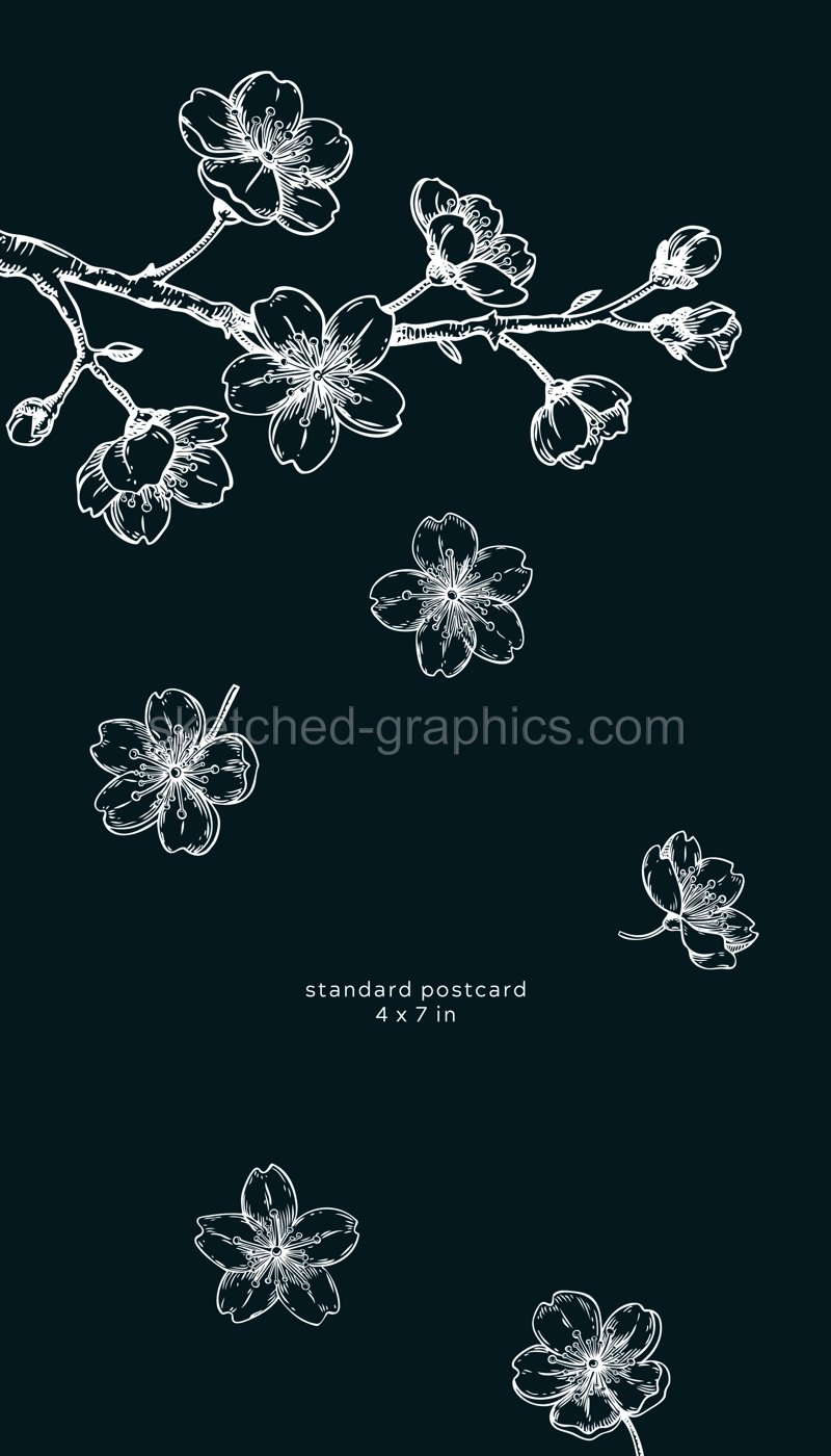 Japanese style invitation design. Spring hand-drawn vector illustration. Sakura, cherry blossom chalk drawings. Greeing card template. NOT AI genereted Illustration